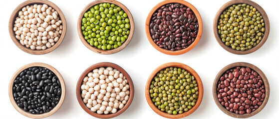 Fototapeta premium Collection of mix bean (soy beans, Adzuki bean, green mung, black bean) isolated on white background. Top view. Flat lay.