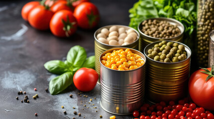 Different kinds of vegetables in cans on kitchen table background. - obrazy, fototapety, plakaty