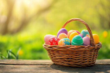 Fototapeta na wymiar Colored Easter eggs in basket