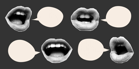 Set of speech bubbles of different shapes, halftone collage banner with mouths and lips in retro colors. Paper cut elements, pop art style. - obrazy, fototapety, plakaty