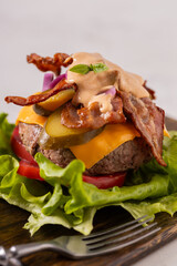 Beef burger without a bun, with bacon