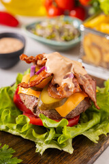 Beef burger without a bun, with bacon