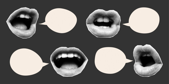 Set of speech bubbles of different shapes, halftone collage banner with mouths and lips in retro colors. Paper cut elements, pop art style.