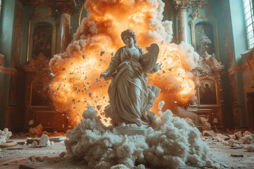 Antique female statue and explosion - 725415986