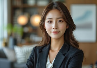 businesswoman, happy smiling Asian female, wearing suit