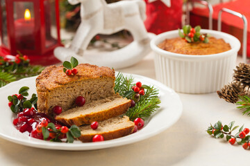 Small, baked patties in Christmas decoration. Front view.