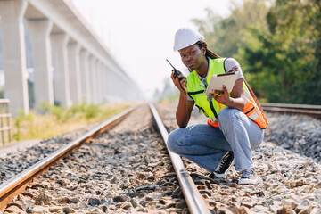 African black engineer women worker work checking service in train railway tracks construction site...