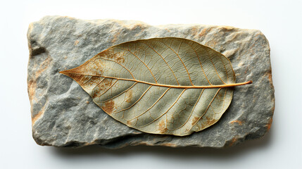 Leaf Resting on Rock With White Background