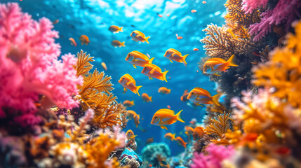 Naklejka na ściany i meble Professional Scuba Diver Exploring Adventure the Blue Ocean, Observing Fishes and Corals