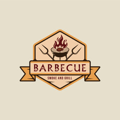 barbecue steak logo emblem vector illustration template icon graphic design. BBQ grill with flame and meat fork sign or symbol for food restaurant steak house with badge retro typography style