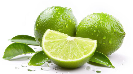 Natural fresh lime with sliced and water droplets isolated on white background.
