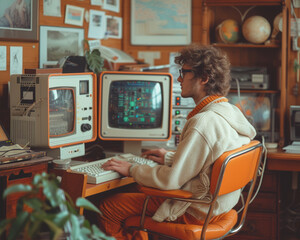 Young man with vintage computer at home, 1980s years - 725416510