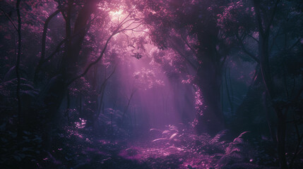 Magical forest with neon light and magical effects, creating an atmosphere of magic and mystery. Futuristic landscape background.