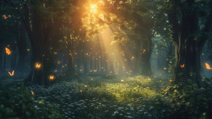 Magical forest with luminous butterflies, sun light and magical effects, creating an atmosphere of magic and mystery. Futuristic landscape background.