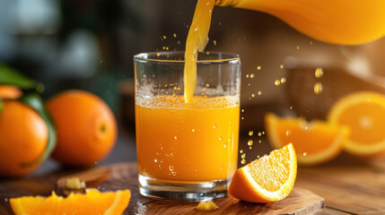 Pouring orange juice into the glass on wooden table in orange farming. - obrazy, fototapety, plakaty