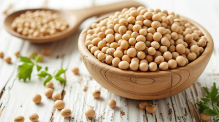 soy beans in ceramic bowl and soy beans in wooden spoon on white wooden table.