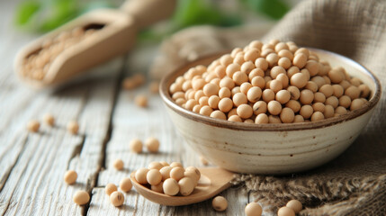 soy beans in ceramic bowl and soy beans in wooden spoon on white wooden table.