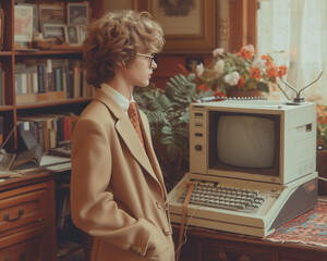 Young man with vintage computer at home, 1980s years - 725416948