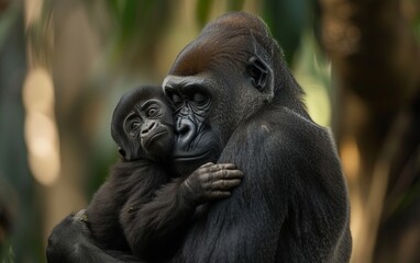 Naklejka premium A baby gorilla hugging its mother. Red book