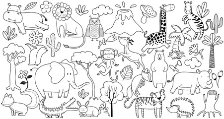 linear vector children's illustration set of cute forest animals.