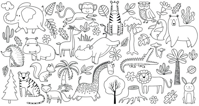 linear vector children's illustration set of cute forest animals.
