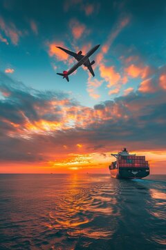 Ein Containerschiff &uuml;ber das ein Flugzeug fliegt, Konzept f&uuml;r Transport und Logistik 