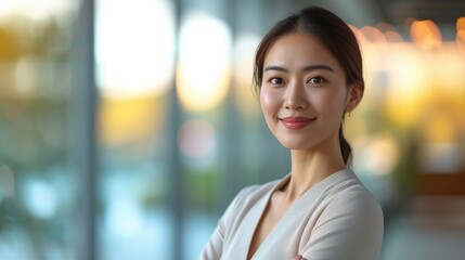 Obraz premium smiling businesswoman with suit in the office with sunset
