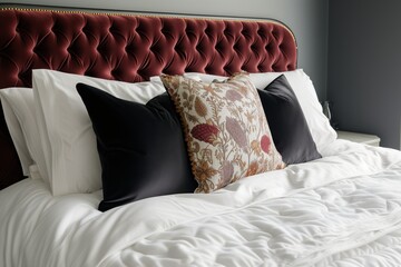 king size bed with velvet headboard and luxury linens