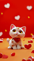 Cute cat in love sitting on a festive background with confetti. Greeting card for Valentine's Day in the style of 3D clay animation.