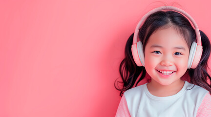 a young asian girl with headphones on in front of a pink backdrop , happy facial expression