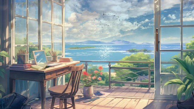 reading room with chairs, table, and books with beautiful sea view from the window. Cartoon or Japanese anime watercolor illustration painting style. seamless looping 4K animation