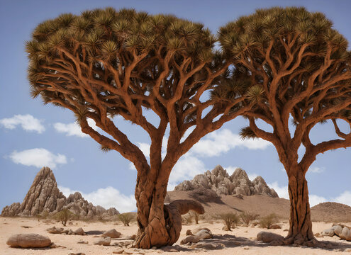 Dragon blood tree Socotra in front of desert background. Ai generated realistic photography.