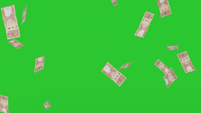 2 Februari 2024 Money rain. 200 Riyal Qatar banknotes money falling down. QTR currency. 3D render. Animation. paper money bills falling. Business and Finance