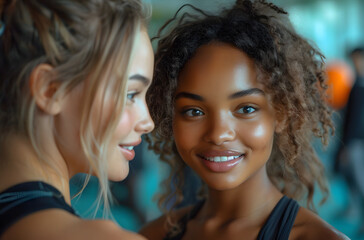 Fototapeta premium Two diverse women smiling and looking at each other, with a blurred background.