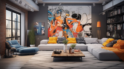 modern living room interior design, sofas and table with high contrast cushions, interior architecture concept