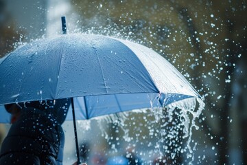 person testing umbrella durability in simulated rain - obrazy, fototapety, plakaty