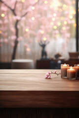 Naklejka na ściany i meble Wooden table spa bokeh background, empty wood desk product display mockup with relaxing wellness massage salon blurry abstract backdrop, body care cosmetic ads presentation. Mock up, copy space .