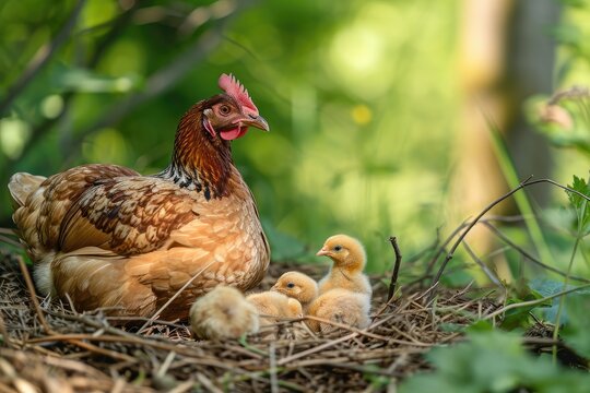 Cute picture of the hen guarding the little chicks. Generative AI