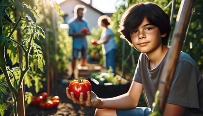 A boy holds a ripe tomato in the family vegetable garden, demonstrating sustainable living.