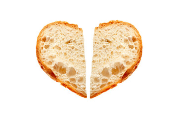 Two pieces of Bread in shape of broken heart isolated on white background, homemade bakery concept