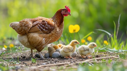 Fototapeta premium Cute picture of the hen guarding the little chicks. Generative AI