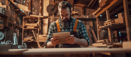 Carpenter using a tablet computer while working in the carpentry workshop.