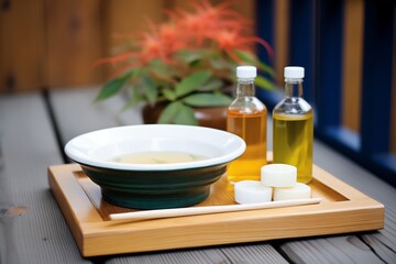 ceramic dish filled with sauna oils on a wooden bench