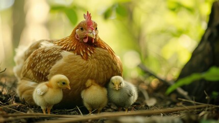 Fototapeta premium Cute picture of the hen guarding the little chicks. Generative AI