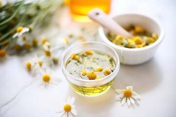 Obraz na płótnie Canvas close-up shot of chamomile flowers and chamomile-infused skin tonic