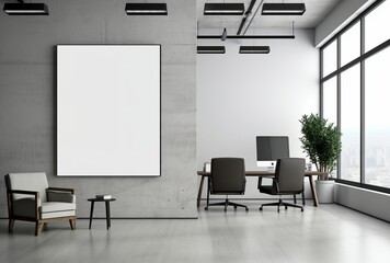An empty white poster frame enhances the contemporary ambiance of the meeting room. Made with generative AI technology