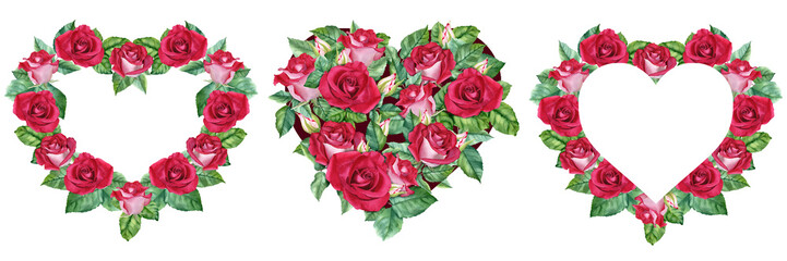 Set of heart shape frames made of rose flowers and leaves. Hand drawn botanical watercolor illustration isolated on white background. For Valentines Day wedding Mother's day greeting card invitation