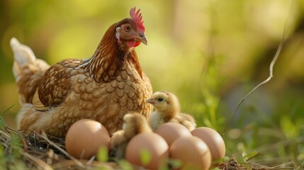 Cute picture of the hen guarding the little chicks. Generative AI