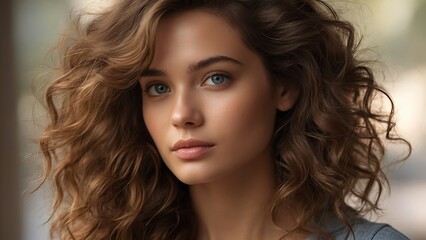 Naklejka premium Close-up portrait of a girl with curly brown hair in natural light