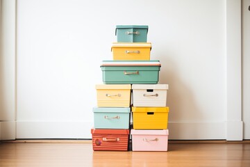 stack of storage boxes in various colors